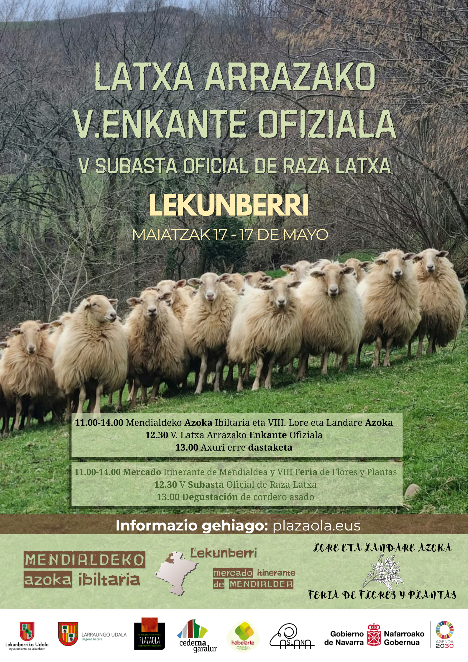 LATXA ARRAZAKO V. ENKANTE OFIZIALA, MENDIALDEKO AZOKA IBILTARIA eta LORE ETA LANDARE AZOKA Lekunberrin